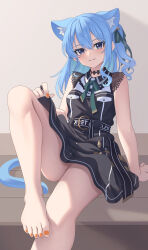 Rule 34 | 1girl, absurdres, animal ear fluff, animal ears, aoi zerii, aqua hair, barefoot, blue eyes, blue hair, blush, breasts, cat ears, cat girl, cat tail, choker, colored inner hair, feet, green ribbon, hair between eyes, hair ribbon, highres, hololive, hoshimachi suisei, hoshimachi suisei (streetwear), lace, lace choker, lace sleeves, long hair, looking at viewer, medium breasts, medium hair, multicolored hair, official alternate costume, official alternate hairstyle, ribbon, side ponytail, solo, star (symbol), star in eye, symbol in eye, tail, thighs, toes, virtual youtuber