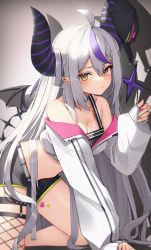 Rule 34 | 1girl, ahoge, bare shoulders, baseball cap, black hat, black shorts, blush, breasts, cleavage, closed mouth, cosplay, cropped jacket, demon girl, demon horns, demon wings, ear piercing, grey hair, hair between eyes, hat, heart, heart tattoo, highres, hololive, horns, jacket, la+ darknesss, leaning forward, leg tattoo, long hair, long sleeves, looking at viewer, looking to the side, multicolored hair, multicolored nails, nail polish, off shoulder, piercing, pink nails, pointy ears, purple hair, short shorts, shorts, sidelocks, sleeves past wrists, small breasts, solo, streaked hair, striped horns, tattoo, thomas 8000, tokoyami towa, tokoyami towa (cosplay), very long hair, virtual youtuber, white jacket, wings, yellow eyes, yellow nails