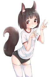 Rule 34 | 1girl, animal ears, bad id, bad pixiv id, blush, brown hair, buruma, double fox shadow puppet, double m/, fox ears, fox shadow puppet, fox tail, highres, m/, original, red eyes, rima (rimarip), short hair, simple background, solo, tail, thighhighs, white background, white thighhighs