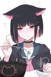 Rule 34 | 1girl, :|, animal ears, black bra, black choker, black hair, black jacket, blue archive, blue sailor collar, blush, bra, cat ears, cat girl, choker, closed mouth, clothes hanger, collarbone, colored inner hair, exiadoon, expressionless, flying sweatdrops, halo, head tilt, highres, holding, holding clothes hanger, hood, hood down, hooded jacket, jacket, kazusa (blue archive), looking at object, multicolored hair, neckerchief, open clothes, open jacket, pink hair, pink neckerchief, portrait, red eyes, sailor collar, shirt, simple background, solo, underwear, white background, white shirt