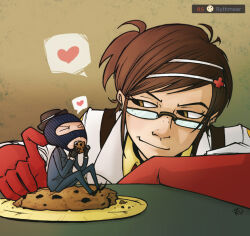 Rule 34 | artist request, brown hair, cookie, eating, food, glasses, gloves, heart, medic (tf2), spy (tf2), tagme, team fortress 2