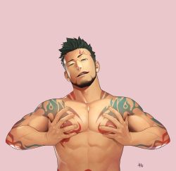 Rule 34 | 1boy, bara, beard, black hair, facial hair, grabbing, green eyes, gyee, highres, itto (mentaiko), large pectorals, male focus, manly, muscular, nipples, pectoral grab, pectoral press, pectorals, priapus (gyee), red pupils, solo, tattoo, tongue, tongue out, topless male, upper body