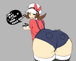 Rule 34 | 1girl, ass, ass focus, bent over, breasts, brown eyes, brown hair, creatures (company), flat color, from behind, game freak, grey background, hat, huge ass, large breasts, long sleeves, looking at viewer, lyra (pokemon), matching hair/eyes, nintendo, open mouth, overalls, poke ball, pokemon, pokemon hgss, simple background, smile, solo, speech bubble, suspenders, taiger, teeth, text focus, thighhighs, tongue, twintails, upper teeth only