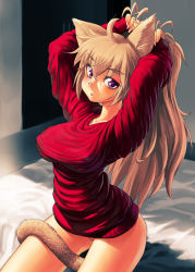Rule 34 | 1girl, adjusting hair, ahoge, animal ears, bottomless, breasts, brown hair, cat ears, cat tail, eyebrows, fingernails, impossible clothes, impossible shirt, large breasts, long hair, looking at viewer, mimosa, mimosa211, nail polish, naked sweater, no pants, original, ponytail, purple eyes, shirt, solo, source request, sweater, tail, thighs