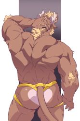 Rule 34 | 1boy, ass, back, bara, commentary, from behind, furry, furry male, jockstrap, male focus, male underwear, matcha ryu, mature male, muscular, muscular male, original, solo, symbol-only commentary, tail, topless male, underwear