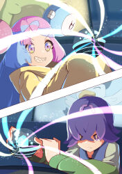 Rule 34 | 2girls, absurdres, blue hair, bright pupils, character hair ornament, closed mouth, commentary request, creatures (company), crossed bangs, dot (pokemon), game freak, grin, hair between eyes, hair ornament, hand on own wrist, highres, holding tera orb, iono (pokemon), jacket, long sleeves, multicolored hair, multiple girls, nintendo, pink hair, pokemon, pokemon (anime), pokemon horizons, purple eyes, purple hair, smile, teeth, tera orb, two-tone hair, yasuba yuichi, yellow jacket