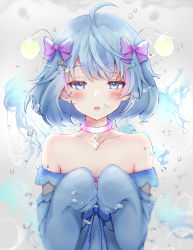 Rule 34 | :o, absurdres, antennae, aqua theme, bare shoulders, blue eyes, blue shirt, blue theme, blush, bow, collarbone, commission, fish hair ornament, hair bow, hair ornament, hairclip, highres, indie virtual youtuber, moon jelly, off-shoulder shirt, off shoulder, open mouth, purple bow, shirt, short hair, skeb commission, sleeves past fingers, sleeves past wrists, solo, virtual youtuber, water, white background, white theme, yu lei
