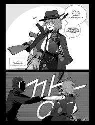Rule 34 | 2girls, :d, baseball bat, between breasts, biker clothes, bikesuit, black border, bodysuit, border, breasts, character name, cigar, comic, covered erect nipples, covered face, earrings, english text, fedora, girls&#039; frontline, gloves, greyscale, gun, hand up, hat, helmet, hitting, holding, holding baseball bat, holding cigar, holding gun, holding weapon, huqu, instant loss, jewelry, korean commentary, large breasts, long sleeves, looking at viewer, mafia, medium hair, monochrome, monocle, motorcycle helmet, mp5 (girls&#039; frontline), multiple girls, necktie, necktie between breasts, open mouth, smile, solo focus, stasis tank, submachine gun, thompson (girls&#039; frontline), thompson (infernal hannya) (girls&#039; frontline), thompson submachine gun, weapon