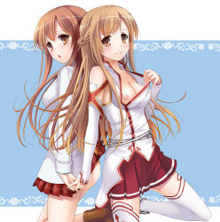 Rule 34 | 10s, 2girls, :o, asuna (sao), back-to-back, blonde hair, blush, breasts, brown eyes, brown hair, cleavage, clothes pull, dual persona, holding hands, long hair, looking at viewer, multiple girls, nakajima yuka, nipples, shirt pull, skirt, smile, sword art online, thighhighs, white thighhighs, yellow eyes