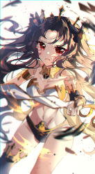 Rule 34 | 1girl, absurdres, arm strap, armor, bad id, bad pixiv id, bikini armor, black hair, black panties, blush, breasts, cleavage, crying, detached sleeves, fate/grand order, fate (series), highres, huge filesize, ishtar (fate), long hair, looking up, midriff, navel, open mouth, panties, red eyes, single detached sleeve, single thighhigh, small breasts, solo, thighhighs, two side up, underwear, very long hair, white background, wine (2148 wine)