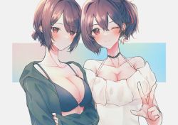 Rule 34 | 2girls, alternate hairstyle, bad id, bad twitter id, bikini, black bikini, blush, breasts, brown hair, choker, cleavage, closed mouth, collarbone, earrings, green jacket, hair ornament, hair ribbon, hairclip, highres, hyuuga (kancolle), ise (kancolle), jacket, jewelry, kantai collection, kazeshio, large breasts, long sleeves, looking at viewer, multiple girls, one-piece swimsuit, one eye closed, open clothes, open jacket, ponytail, red eyes, red ribbon, ribbon, short hair, short ponytail, simple background, swimsuit, underwear, upper body, w, white one-piece swimsuit