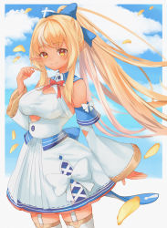 Rule 34 | 1girl, absurdres, akane momiji, arm at side, bare shoulders, blonde hair, blue bow, blush, bow, breasts, brown eyes, cleavage cutout, closed mouth, clothing cutout, collared shirt, cowboy shot, cutout above navel, dark-skinned female, dark skin, detached sleeves, elf, garter straps, hair bow, hand up, high ponytail, highres, hololive, long hair, looking at viewer, medium breasts, miniskirt, multicolored hair, orange eyes, petals, pointy ears, shiranui flare, shiranui flare (1st costume), shirt, skirt, skirt set, sleeveless, sleeveless shirt, smile, solo, streaked hair, thighhighs, virtual youtuber, white garter straps, white skirt, white sleeves, white thighhighs