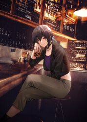 Rule 34 | 1girl, alcohol, arm support, bar (place), bar stool, beer, black hair, black jacket, blazer, blindfold, bottle, brown eyes, capri pants, choker, closed mouth, crossed legs, cup, green pants, hair between eyes, hand on own cheek, hand on own face, highres, holding, holding cup, indoors, jacket, jewelry, looking at viewer, low tied hair, midriff, mugetsu2501, necklace, open clothes, open jacket, original, pants, purple shirt, scrunchie, shirt, sidelocks, sitting, smile, stool