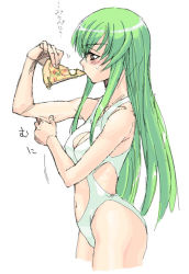 Rule 34 | 00s, 1girl, blush, breasts, c.c., casual one-piece swimsuit, cleavage, code geass, eating, food, green hair, long hair, medium breasts, navel, one-piece swimsuit, pinching, pizza, pizza slice, satou atsuki, simple background, solo, sweatdrop, swimsuit, thighs
