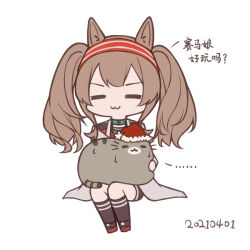 Rule 34 | ..., 1girl, :3, = =, angelina (arknights), animal, animal ear fluff, animal ears, arknights, black footwear, black socks, brown hair, cat, chibi, closed eyes, closed mouth, commentary request, dated, fur-trimmed headwear, fur trim, grey jacket, hairband, hat, jacket, kneehighs, lxjun 09, red hairband, red headwear, santa hat, shoes, simple background, sitting, socks, solo, spoken ellipsis, striped clothes, striped hairband, translation request, twintails, v-shaped eyebrows, white background