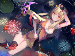 Rule 34 | 1girl, absurdres, arm tattoo, armor, bandaged chest, bandaged leg, bandages, bare arms, bare shoulders, black gloves, blonde hair, blunt bangs, blush, bow, breasts, chest tattoo, cleavage, closed mouth, collarbone, commentary request, dongyue sakura, eyebrows, fingerless gloves, fireworks, floating, genshin impact, gloves, hand on own stomach, hand up, head tilt, highres, in water, japanese armor, japanese clothes, kimono, knees together feet apart, long hair, looking at viewer, looking up, medium breasts, obi, orange kimono, plant, reflection, reflective water, ripples, rope, sash, shimenawa, short kimono, single glove, smile, solo, suneate, tattoo, traditional clothes, vision (genshin impact), water, weapon, wet, yellow eyes, yoimiya (genshin impact)