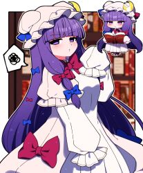 Rule 34 | 1girl, absurdres, blue bow, blush, bow, breasts, closed mouth, commission, crescent, crescent hat ornament, frilled sleeves, frills, hair bow, hat, hat ornament, highres, long hair, looking at viewer, medium breasts, mob cap, multiple views, patchouli knowledge, pout, purple eyes, purple hair, red bow, shirt, skeb commission, sleeves past fingers, sleeves past wrists, spoken squiggle, squiggle, touhou, white headwear, white shirt, you (noanoamoemoe)