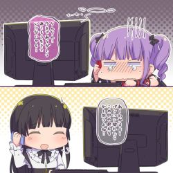 Rule 34 | 2girls, 2koma, :d, ^ ^, arm warmers, ayasaka, bang dream!, black bow, black hair, blunt bangs, blush, bow, cellphone, closed eyes, comic, commentary request, crying, frilled shirt collar, frills, giving up the ghost, gloom (expression), hair bow, halftone, halftone background, keyboard, long hair, long sleeves, monitor, multiple girls, neck ribbon, open mouth, phone, purple hair, ribbon, shirokane rinko, shirt, smartphone, smile, talking on phone, translation request, twintails, udagawa ako, white shirt