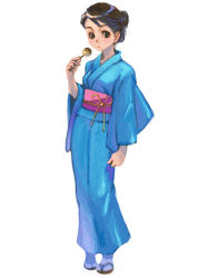 Rule 34 | 1girl, food, full body, japanese clothes, kimono, sandals, simple background, solo, standing, tabi, takoyaki, weno, white background