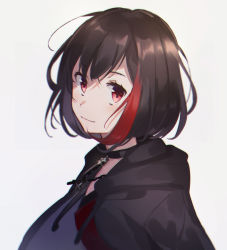 Rule 34 | 1girl, bang dream!, black choker, black hair, black jacket, bob cut, chain, chain necklace, choker, drawstring, from side, grey background, hood, hood down, hooded jacket, jacket, jewelry, looking at viewer, mitake ran, multicolored hair, necklace, red eyes, red hair, short hair, smile, solo, streaked hair, unapoppo, upper body