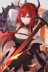Rule 34 | 1girl, absurdres, arknights, black dress, breasts, cleavage, collar, demon girl, demon horns, dress, highres, holding, holding weapon, horns, huge filesize, long hair, looking at viewer, megu (pixiv9460065), purple eyes, red hair, solo, spiked collar, spikes, surtr (arknights), sword, weapon