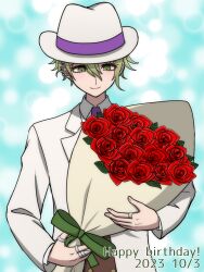 1boy amami_rantaro bouquet brown_vest closed_mouth collared_shirt danganronpa_(series) danganronpa_v3:_killing_harmony dated ear_piercing flower formal_clothes green_ribbon hair_between_eyes happy_birthday hat highres holding holding_bouquet jacket jewelry long_sleeves official_alternate_costume piercing red_flower red_rose ribbon ring rose shirt smile solo suiren_yurei vest white_hat white_jacket