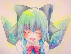 Rule 34 | 1girl, blue eyes, blue hair, bow, cirno, closed eyes, hair bow, ice, ice wings, matching hair/eyes, open mouth, painting (medium), sad, solo, touhou, traditional media, watercolor (medium), wings, yuyu (00365676)
