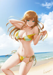 Rule 34 | 1girl, artist name, beach, bikini, bikini tan, blue sky, breasts, brown hair, closed mouth, cloud, commentary request, day, domestic na kanojo, floral print, green eyes, halterneck, highres, large breasts, long hair, looking at viewer, navel, ocean, official art, outdoors, sasuga kei, side-tie bikini bottom, sky, smile, solo, strap pull, swimsuit, tachibana hina, tan, tanline, thighs, water