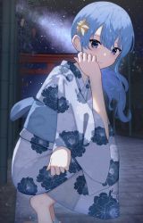 Rule 34 | 1girl, alternate costume, arched soles, architecture, bamboo, blue eyes, blue hair, blue sash, blurry, blurry background, blush, east asian architecture, ecli xx, feet, floral print, from side, hair ornament, hair over shoulder, highres, hololive, hoshimachi suisei, japanese clothes, kimono, leaning forward, long hair, looking at viewer, looking to the side, milky way, night, night sky, obi, peony print, sandals, sash, shadow, sidelocks, sky, solo, squatting, star (sky), star (symbol), star in eye, starry sky, symbol in eye, tiptoes, toes, torii, virtual youtuber, white kimono, yukata