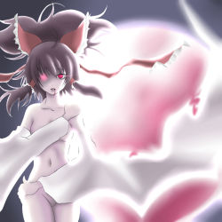 Rule 34 | 1girl, ao usagi, bad id, bad pixiv id, blood, bow, covering privates, detached sleeves, female focus, full moon, hair bow, hakurei reimu, moon, navel, no pussy, nude, nude cover, outdoors, red eyes, red moon, sky, solo, touhou