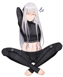 Rule 34 | 1girl, ak-12 (girls&#039; frontline), arm behind back, arm behind head, ass, bad id, bad pixiv id, barefoot, black legwear, cero (last2stage), closed eyes, commentary request, girls&#039; frontline, highres, indian style, korean commentary, long hair, midriff, navel, silver hair, sitting, smile, solo, sweatdrop