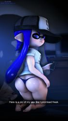 Rule 34 | 1girl, 3d, absurdres, ass, barefoot, english text, eyebrows, feet, hat, highres, holding, holding phone, inkling player character, looking back, nintendo, no panties, no pants, panties, phone, shadow, splatoon (series), super solana team, tentacle hair, text focus, underwear