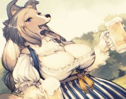Rule 34 | 1girl, alcohol, beer, blue eyes, breasts, brown hair, dog, furry, huge breasts, kishibe, large breasts, long hair, open mouth, tongue