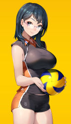 Rule 34 | 1girl, ball, black eyes, black hair, breasts, closed mouth, commentary, coon, cowboy shot, dolphin shorts, glasses, haikyuu!!, holding, holding ball, looking at viewer, medium breasts, mole, mole under mouth, rimless eyewear, shimizu kiyoko, shirt, shorts, smile, solo, sportswear, standing, volleyball, volleyball (object), volleyball uniform, yellow background