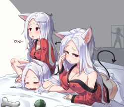 Rule 34 | 4girls, animal ears, bare arms, bare shoulders, bed sheet, blush, bone, breasts, cerberus (helltaker), cleavage, commentary request, demon girl, demon tail, dog ears, dog girl, fang, helltaker, highres, kiwoseo meogneundas, large breasts, long hair, looking at viewer, lucifer (helltaker), lying, medium breasts, multiple girls, off-shoulder shirt, off shoulder, on bed, open mouth, pajamas, panties, paw print, red eyes, red pajamas, red shirt, saliva, saliva trail, shirt, tail, triplets, underwear, white hair, white panties
