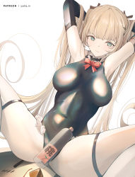 Rule 34 | 1girl, azur lane, blonde hair, blue eyes, blue one-piece swimsuit, bottle, bow, breasts, covered navel, dead or alive, dead or alive xtreme, detached sleeves, frilled swimsuit, frills, hands in hair, highres, impossible clothes, long hair, looking at viewer, marie rose, medium breasts, one-piece swimsuit, red bow, shiny clothes, skin tight, solo, spread legs, swimsuit, thigh strap, very long hair, yusha m