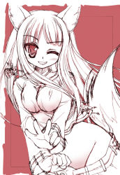 Rule 34 | 00s, 1girl, holo, monochrome, one eye closed, red theme, sketch, solo, spice and wolf, tail, tateo retsu, wink, wolf tail