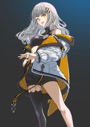 Rule 34 | 1girl, absurdres, bandaid, bandaid on face, bandaid on nose, belt, black shirt, black shorts, breasts, crop top, feet out of frame, gradient background, grey hair, hachi (live union), hair ornament, hand in pocket, highres, icebell (kourisuzuu), jacket, live union, long hair, looking at viewer, midriff, off shoulder, open mouth, shirt, shorts, single leg pantyhose, small breasts, smile, solo, standing, turtleneck, virtual youtuber, yellow eyes