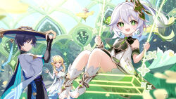 Rule 34 | + +, 1boy, 2girls, arm cuffs, black gloves, black pants, blonde hair, blush, closed mouth, commentary request, cowboy shot, dress, feet out of frame, flower, full body, genshin impact, gloves, gold trim, gradient hair, green dress, green eyes, green hair, grey hair, hair flower, hair ornament, hakama, hakama pants, hat, highres, indoors, japanese clothes, jingasa, looking at viewer, lumine (genshin impact), mandarin collar, multicolored hair, multiple girls, nahida (genshin impact), open mouth, pants, pointy ears, purple eyes, purple hair, scaramouche (genshin impact), scarf, short hair with long locks, signature, smile, stirrup footwear, swing, swinging, tyenka7728, vest, wanderer (genshin impact), white dress, white flower, white footwear, white scarf, white vest, yellow eyes