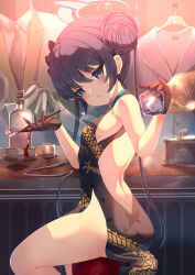Rule 34 | 1boy, 1girl, black dress, black gloves, black hair, blue archive, blue eyes, breasts, china dress, chinese clothes, commentary request, double bun, dragon print, dress, gloves, hair bun, halo, highres, holding, holding smoking pipe, jacket, kisaki (blue archive), long hair, looking at viewer, necktie, print dress, sleeveless, sleeveless dress, small breasts, smoking pipe, solo focus, suit jacket, xephonia