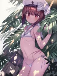 Rule 34 | 10s, 1girl, :o, arm at side, bare arms, bare shoulders, beret, bikini, blunt bangs, blush, bow, character name, dappled sunlight, day, eyebrows, flat chest, hat, hat bow, kantai collection, kureaki (exit), leaf, looking at viewer, navel, outdoors, parted lips, plant, red eyes, red hair, sailor bikini, sailor collar, sailor hat, shade, side-tie bikini bottom, solo, standing, stomach, striped, striped bow, sunlight, swimsuit, water, water drop, white bikini, white hat, z3 max schultz (kancolle)
