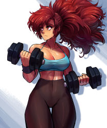 Rule 34 | 1girl, absurdres, big hair, breasts, cleavage, clenched hands, collarbone, commentary, cowboy shot, crop top, dark-skinned female, dark skin, dirty ero, dumbbell, english commentary, exercising, hair pulled back, high-waist pants, highres, looking to the side, maria (space maria), medium breasts, messy hair, midriff, nose, pants, red eyes, red hair, scar, solo, space maria, spaghetti strap, sweat, tan, thick thighs, thigh gap, thighs, weightlifting, wristband, yoga pants