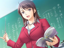 Rule 34 | 1girl, ail soft, book, breasts, brown hair, chalkboard, classroom, formal, game cg, hair ornament, hairclip, indoors, jewelry, large breasts, lipstick, makeup, mesu nie onna kyoushi, misaki mizuki, necklace, open mouth, pinky out, pointer, purple eyes, ring, saburoo, school, short hair, skirt, skirt suit, smile, solo, suit, teacher, wedding band, wedding ring