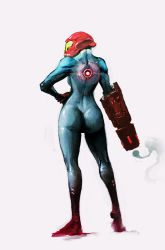 Rule 34 | 1girl, arm cannon, ass, back, bodysuit, cobaltplasma, from behind, glowing, hand on own hip, helmet, highres, hip focus, kneepits, light trail, looking to the side, metroid, metroid: zero mission, neon trim, nintendo, samus aran, simple background, skin tight, smoke, solo, standing, tiptoes, turtleneck, weapon, white background, zero suit