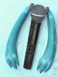 Rule 34 | aqua hair, artist logo, artist name, blue background, commentary, digiral, english commentary, hair ornament, hatsune miku, highres, long hair, microphone, no humans, object focus, objectification, simple background, twintails, very long hair, vocaloid