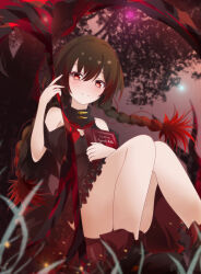Rule 34 | 1girl, bare legs, black dress, book, brown hair, closed mouth, clothing cutout, cradle (punishing: gray raven), dress, gradient hair, highres, holding, holding book, holding scythe, looking at viewer, magic circle, multicolored hair, punishing: gray raven, red eyes, red hair, scythe, shoulder cutout, sidelocks, solo, xiya yumiko