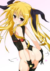 Rule 34 | 1girl, ass, ass grab, black gloves, blonde hair, blush, commentary request, covered erect nipples, cowboy shot, fate testarossa, flat chest, from behind, gloves, grabbing own ass, hair ribbon, heart, highres, leotard, long hair, looking at viewer, looking back, lyrical nanoha, magical girl, mahou shoujo lyrical nanoha, open mouth, red eyes, ribbon, shiny skin, solo, standing, thighhighs, twintails, very long hair, xiao rui rui