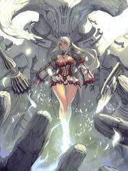 Rule 34 | 1girl, breasts, cleavage, giant, gigandal federation, heterochromia, highres, hip focus, lance, large breasts, legs, lips, long hair, original, pixiv fantasia, pixiv fantasia 3, polearm, shield, solo, spear, statue, thigh gap, weapon, weltol, white hair, wide hips