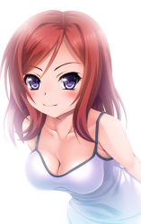 Rule 34 | 10s, 1girl, bad id, bad pixiv id, blush, breasts, camisole, cleavage, closed mouth, collarbone, downblouse, large breasts, leaning forward, looking at viewer, love live!, love live! school idol project, nishikino maki, noshimasa, purple eyes, red hair, simple background, smile, solo, swept bangs, upper body, white background