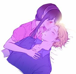 Rule 34 | 1boy, 1girl, bed sheet, blonde hair, blue shirt, blush, breasts, brown hair, closed eyes, couple, hair between eyes, hair up, hand on another&#039;s chest, highres, kiss, kissing forehead, long hair, noda 302, parted bangs, parted lips, pink shirt, puffy short sleeves, puffy sleeves, red eyes, shirt, short hair, short sleeves, sidelocks, spy x family, twilight (spy x family), upper body, white background, yor briar